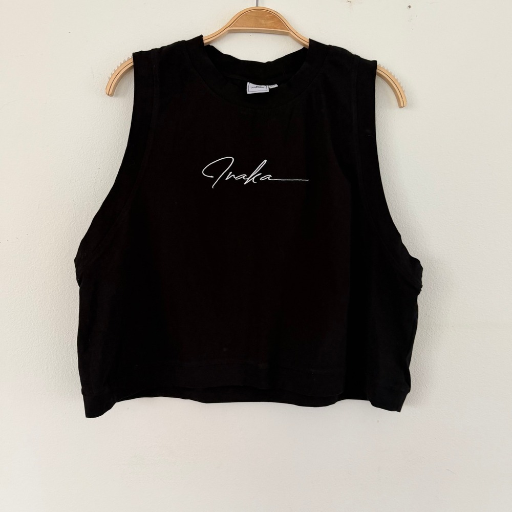 Inaka Power Womens XXL Black Cropped Muscle Tank Top Script Logo Gym Activewear